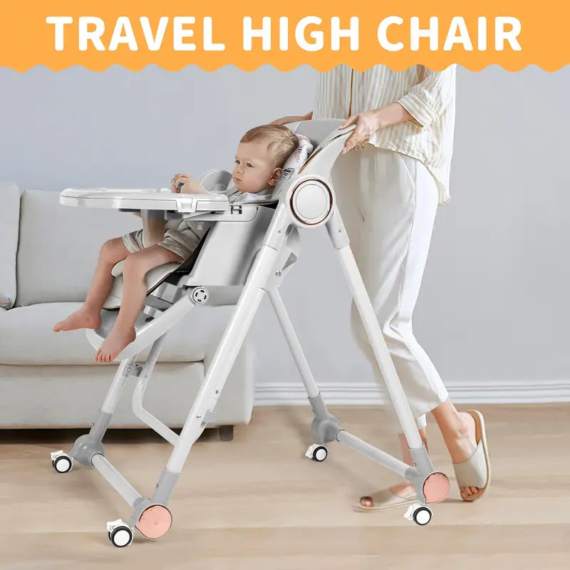 3-in-1 Adjustable Baby High Chair with Wheels – Convertible Infant to Toddler Seat, Reclining Backrest, 5 Height Settings & Removable Tray – Lightweight, Portable & Space-Saving