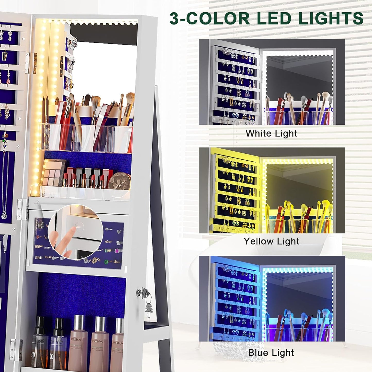 Space-Saving Jewelry Cabinet: 360° Rotating, Full-Length Mirror, Lock & Lights