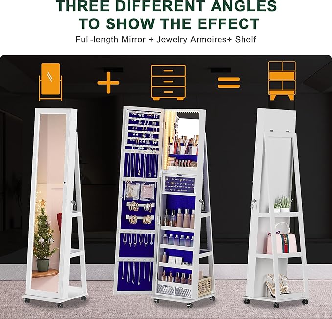 Space-Saving Jewelry Cabinet: 360° Rotating, Full-Length Mirror, Lock & Lights