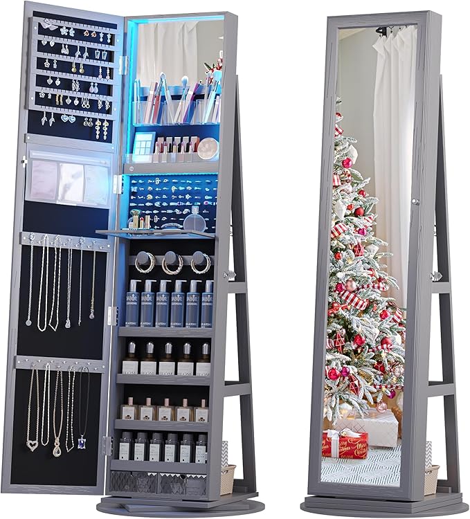 Space-Saving Jewelry Cabinet: 360° Rotating, Full-Length Mirror, Lock & Lights