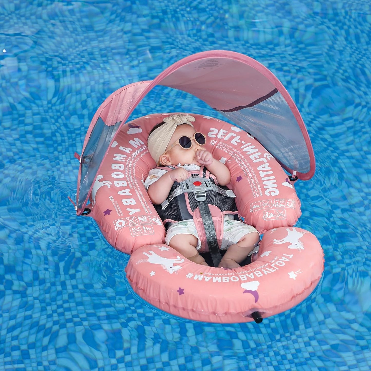 Portable Baby Float with Canopy - 3-in-1 Self-Inflating Pool Float for Infants & Toddlers (3-24 Months, 40lb)