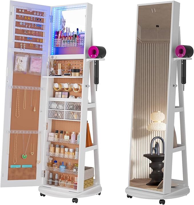 Space-Saving Jewelry Cabinet: 360° Rotating, Full-Length Mirror, Lock & Lights