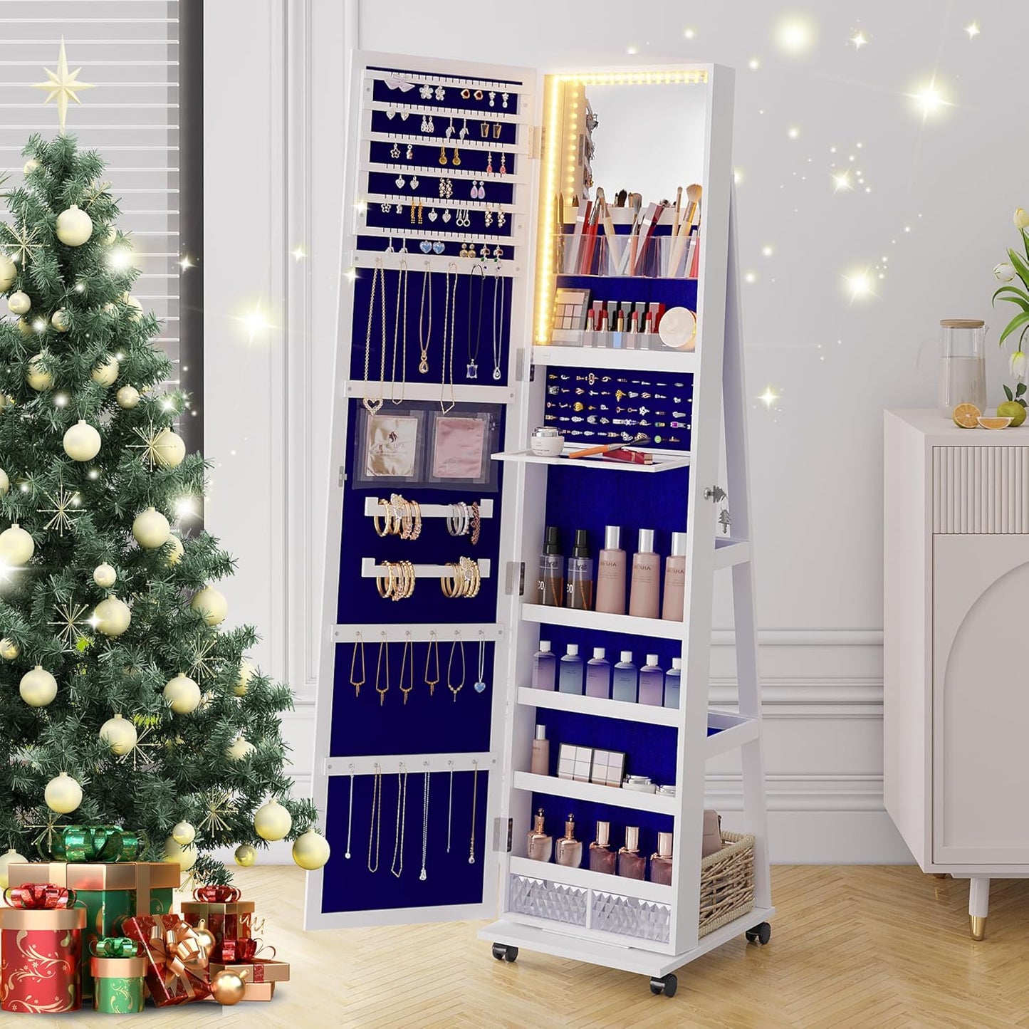 Space-Saving Jewelry Cabinet: 360° Rotating, Full-Length Mirror, Lock & Lights