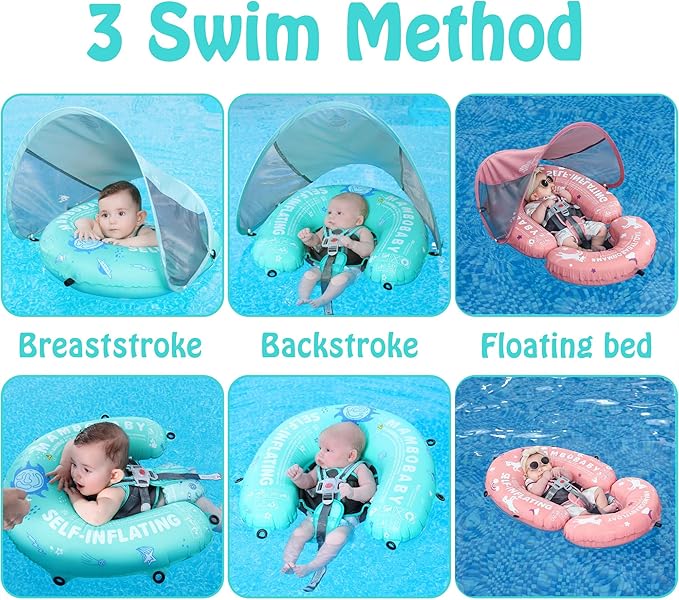 Portable Baby Float with Canopy - 3-in-1 Self-Inflating Pool Float for Infants & Toddlers (3-24 Months, 40lb)