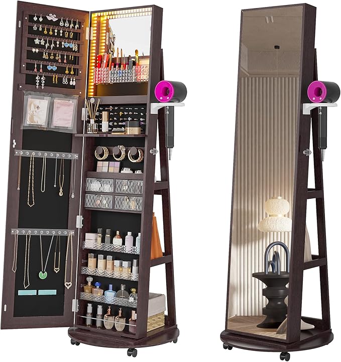 Space-Saving Jewelry Cabinet: 360° Rotating, Full-Length Mirror, Lock & Lights