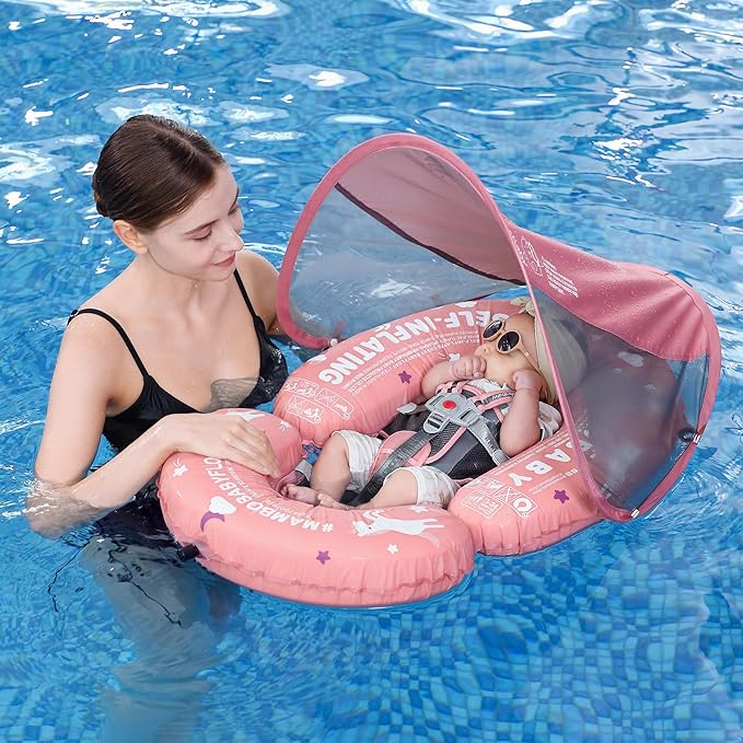 Portable Baby Float with Canopy - 3-in-1 Self-Inflating Pool Float for Infants & Toddlers (3-24 Months, 40lb)