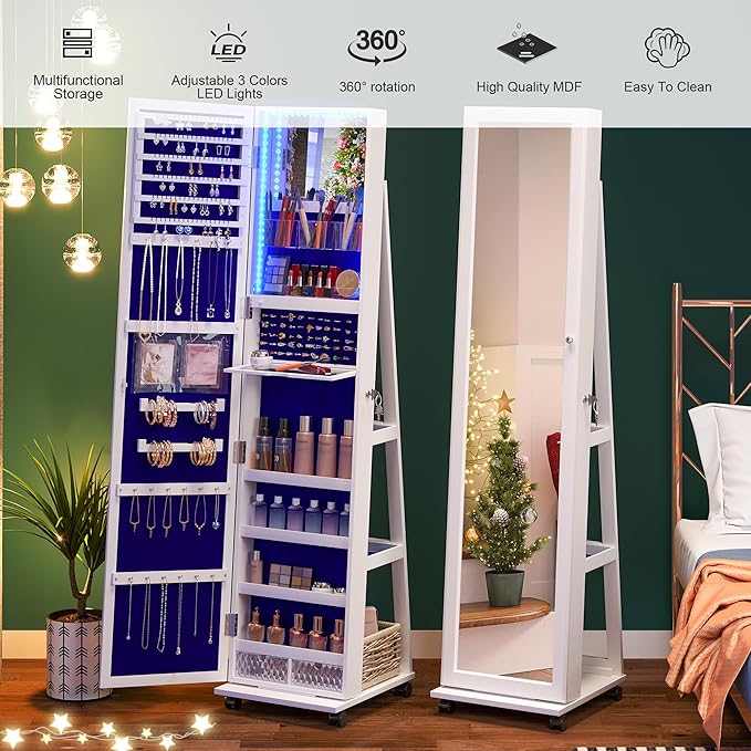 Space-Saving Jewelry Cabinet: 360° Rotating, Full-Length Mirror, Lock & Lights