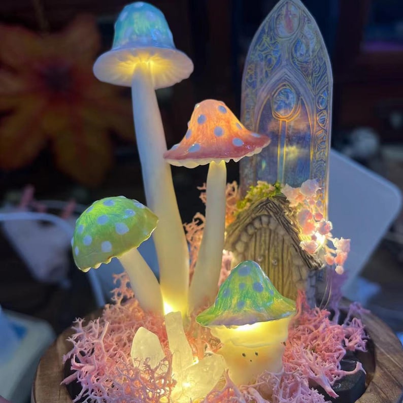 Handcrafted Crystal Mushroom Night Light - Unique Wooden Lamp Gift