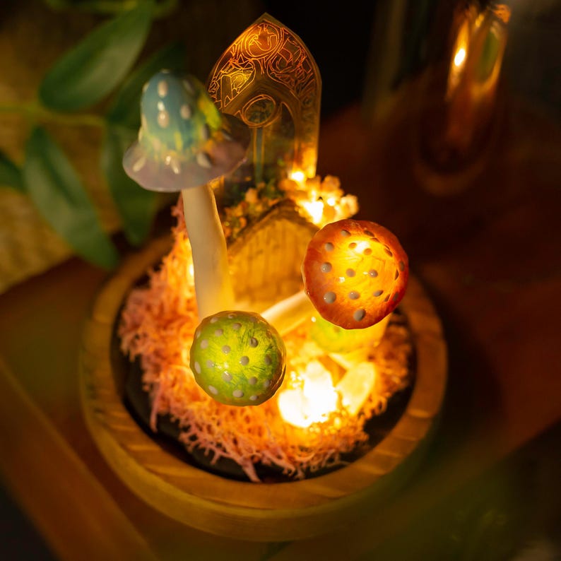 Handcrafted Crystal Mushroom Night Light - Unique Wooden Lamp Gift