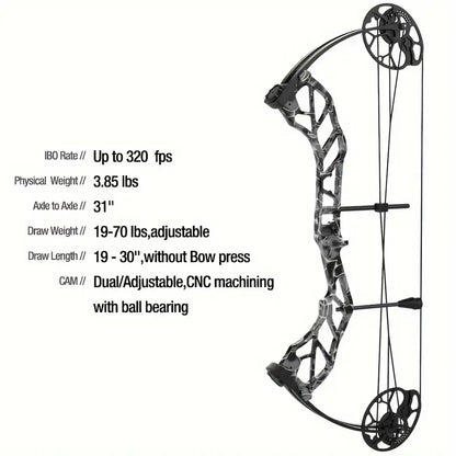 Adjustable Compound Bow Set for Adults & Teens – 19-70lbs, 320FPS, Ready-to-Shoot Hunting & Target Archery Kit