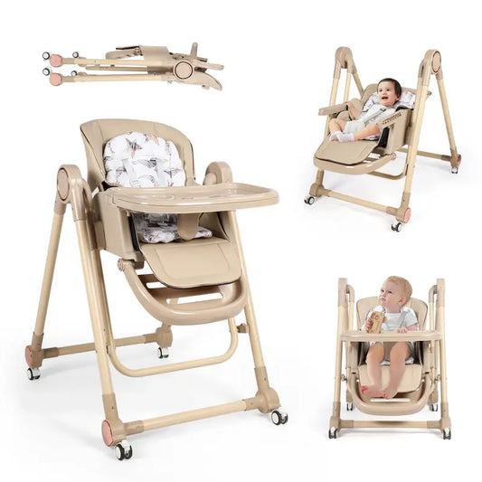 3-in-1 Adjustable Baby High Chair with Wheels – Convertible Infant to Toddler Seat, Reclining Backrest, 5 Height Settings & Removable Tray – Lightweight, Portable & Space-Saving