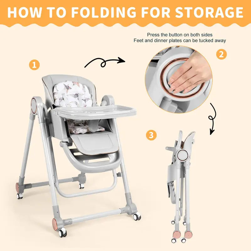 3-in-1 Adjustable Baby High Chair with Wheels – Convertible Infant to Toddler Seat, Reclining Backrest, 5 Height Settings & Removable Tray – Lightweight, Portable & Space-Saving