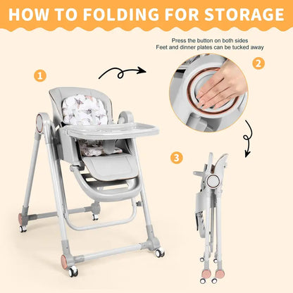 3-in-1 Adjustable Baby High Chair with Wheels – Convertible Infant to Toddler Seat, Reclining Backrest, 5 Height Settings & Removable Tray – Lightweight, Portable & Space-Saving