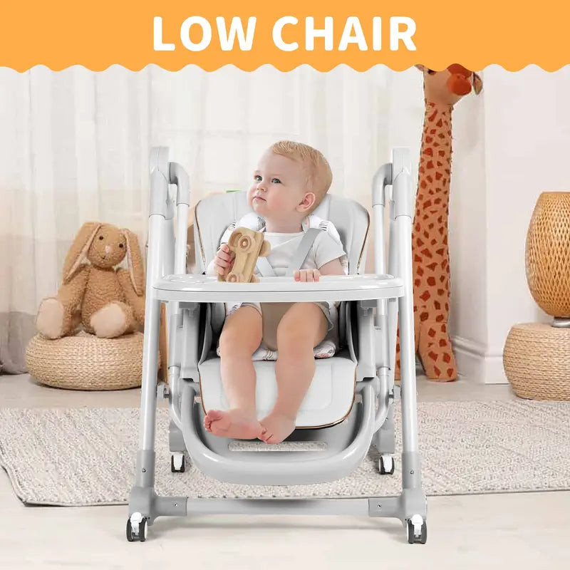 3-in-1 Adjustable Baby High Chair with Wheels – Convertible Infant to Toddler Seat, Reclining Backrest, 5 Height Settings & Removable Tray – Lightweight, Portable & Space-Saving