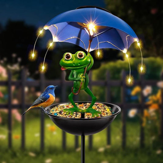 Solar-Powered LED Animal Umbrella Light with Bird Feeder(Frog/Bee/Flamingo/Turtle)