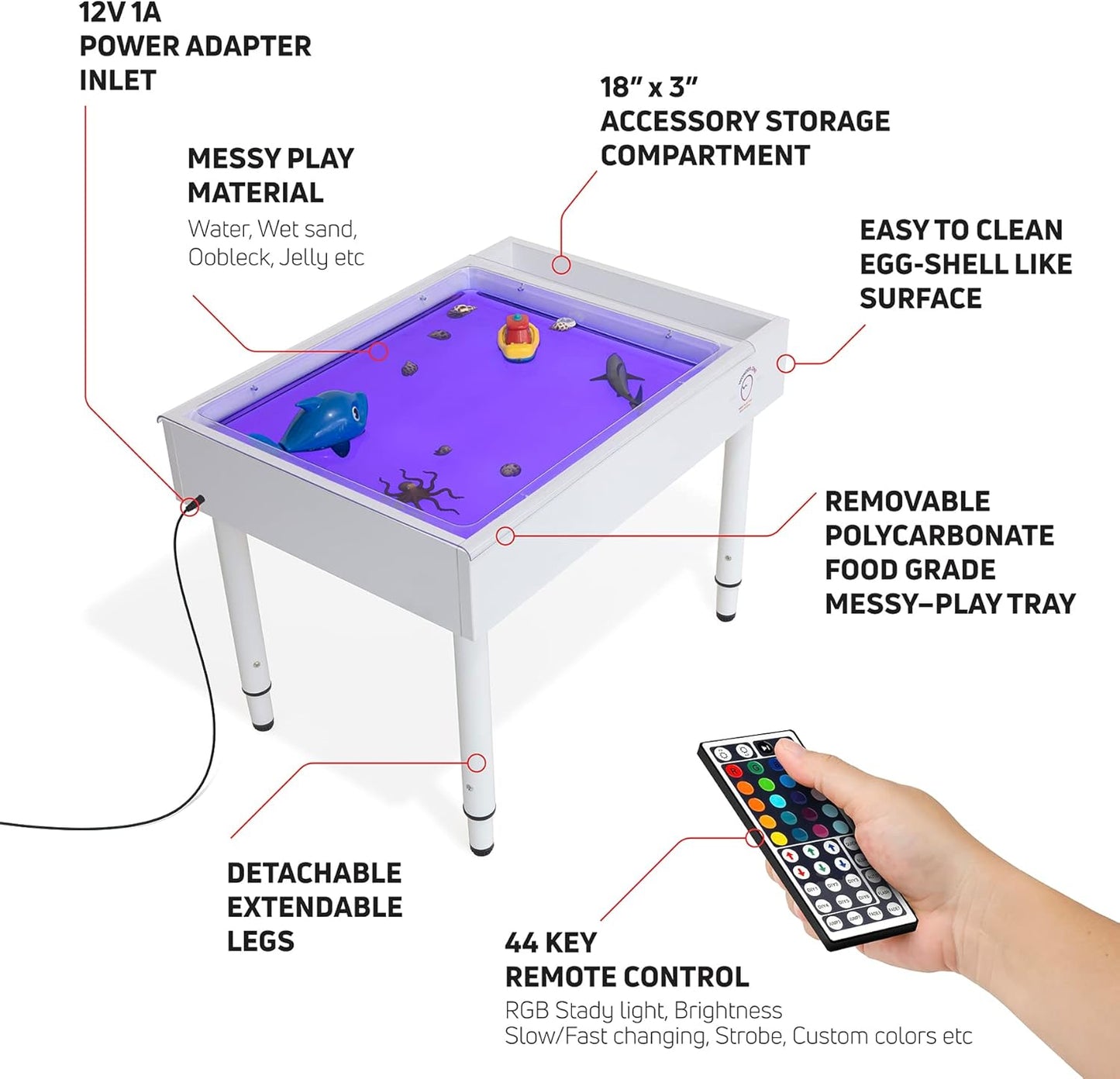 Adjustable Kids Sensory Table with LED Lights & Water Play