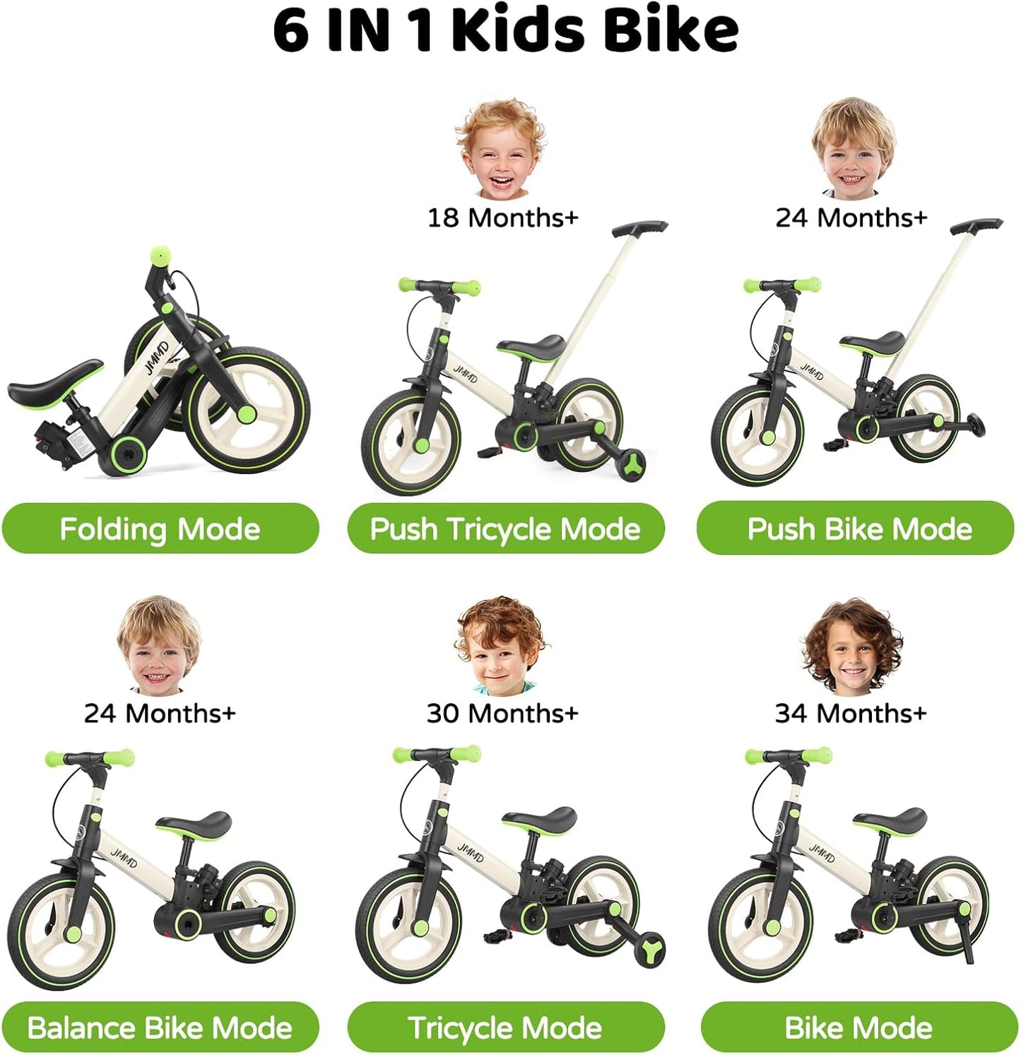6-in-1 Toddler Bike & Stroller | Foldable Push Bike w/Training Wheels