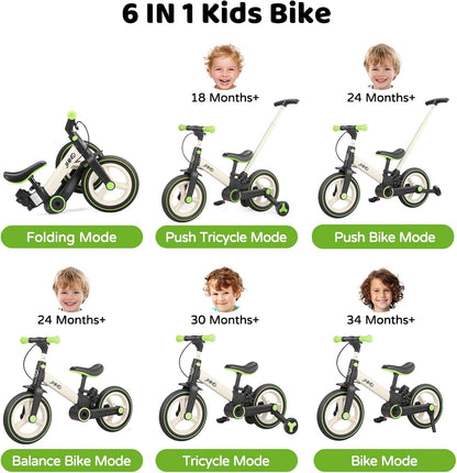 6-in-1 Toddler Bike & Stroller | Foldable Push Bike w/Training Wheels