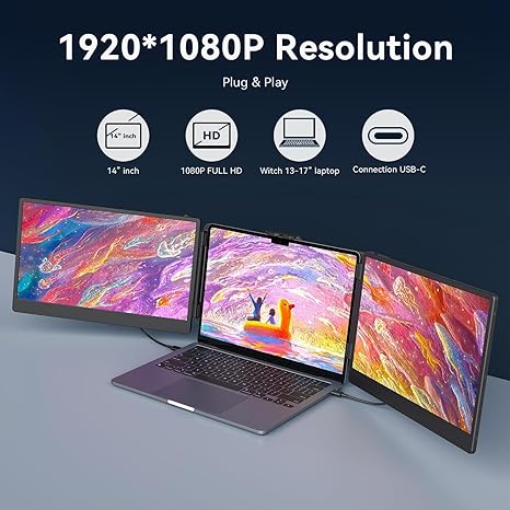 Triple Screen Extender for Laptop - 14" Portable FHD Monitor, Plug & Play