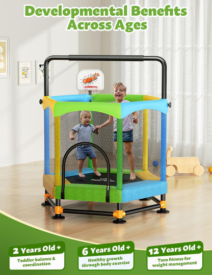 5FT Kids Trampoline with Adjustable Bars, Basketball Hoop & Swing Set