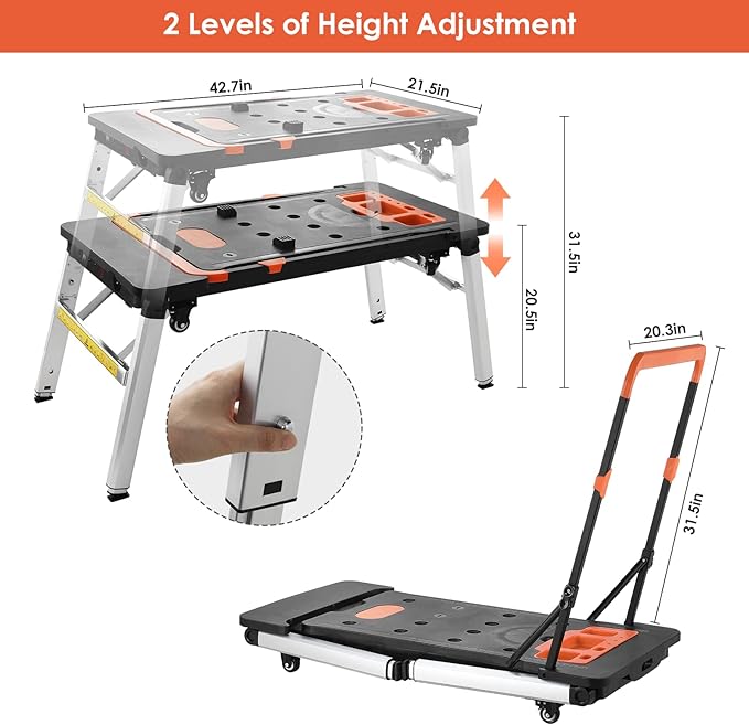 Portable 7-in-1 Workbench & Cart - Fold Flat, Heavy Duty Steel Frame