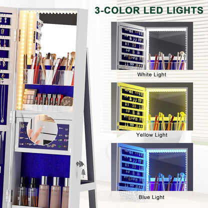 Space-Saving Jewelry Cabinet: 360° Rotating, Full-Length Mirror, Lock & Lights