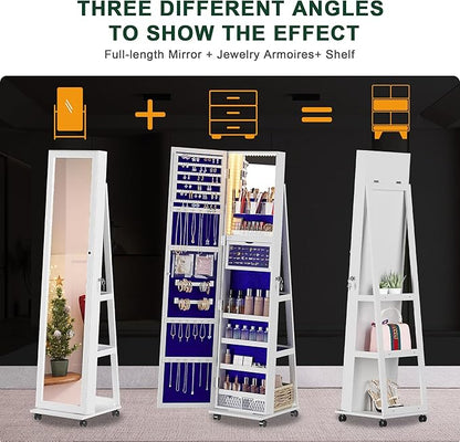 Space-Saving Jewelry Cabinet: 360° Rotating, Full-Length Mirror, Lock & Lights