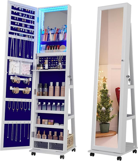 Space-Saving Jewelry Cabinet: 360° Rotating, Full-Length Mirror, Lock & Lights