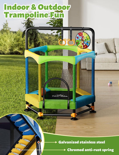 5FT Kids Trampoline with Adjustable Bars, Basketball Hoop & Swing Set