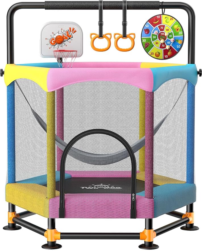 5FT Kids Trampoline with Adjustable Bars, Basketball Hoop & Swing Set