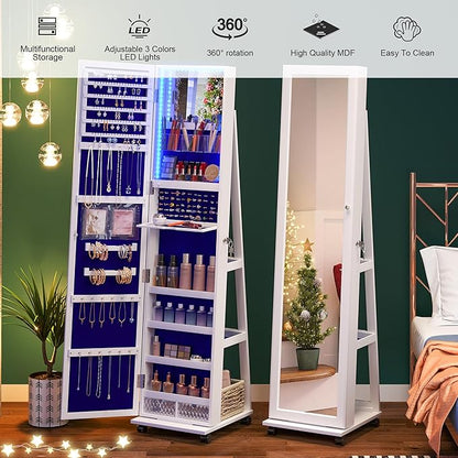 Space-Saving Jewelry Cabinet: 360° Rotating, Full-Length Mirror, Lock & Lights