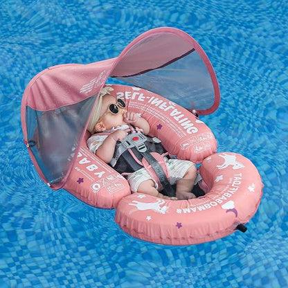 Portable Baby Float with Canopy - 3-in-1 Self-Inflating Pool Float for Infants & Toddlers (3-24 Months, 40lb)