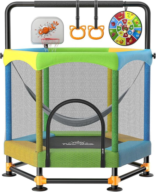5FT Kids Trampoline with Adjustable Bars, Basketball Hoop & Swing Set
