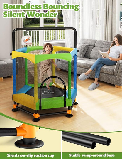 5FT Kids Trampoline with Adjustable Bars, Basketball Hoop & Swing Set