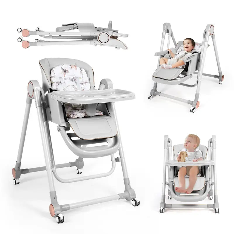 3-in-1 Adjustable Baby High Chair with Wheels – Convertible Infant to Toddler Seat, Reclining Backrest, 5 Height Settings & Removable Tray – Lightweight, Portable & Space-Saving