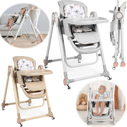3-in-1 Adjustable Baby High Chair with Wheels – Convertible Infant to Toddler Seat, Reclining Backrest, 5 Height Settings & Removable Tray – Lightweight, Portable & Space-Saving