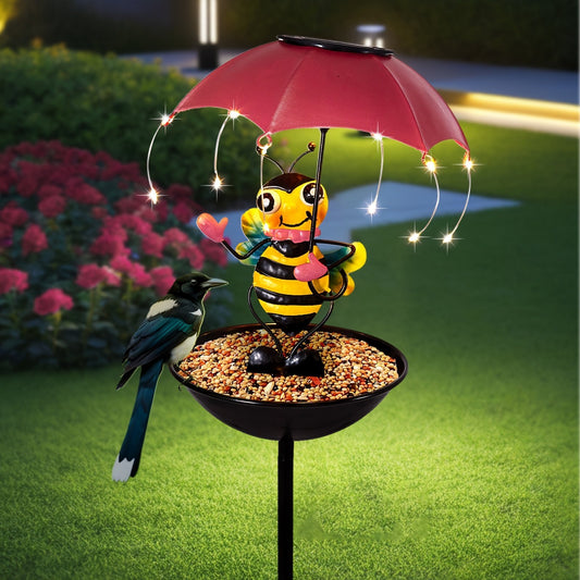 Solar-Powered LED Animal Umbrella Light with Bird Feeder(Frog/Bee/Flamingo/Turtle)