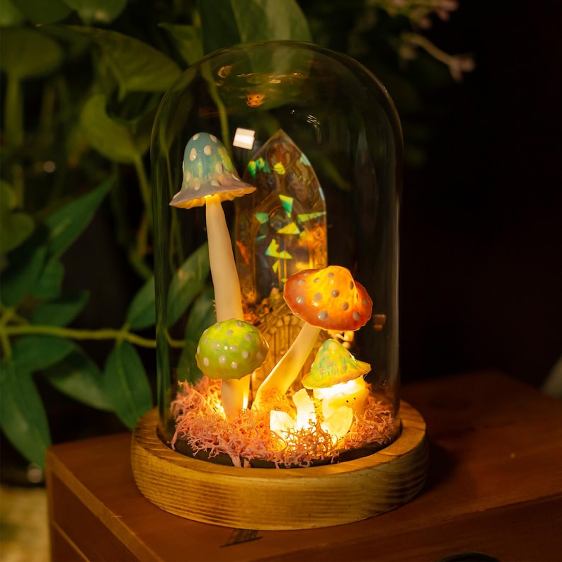 Handcrafted Crystal Mushroom Night Light - Unique Wooden Lamp Gift