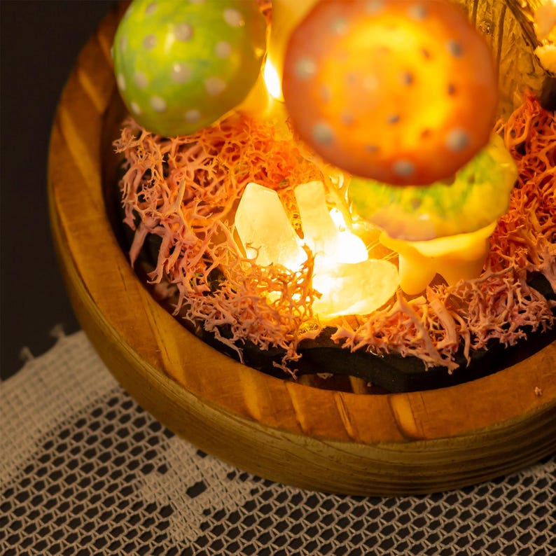 Handcrafted Crystal Mushroom Night Light - Unique Wooden Lamp Gift